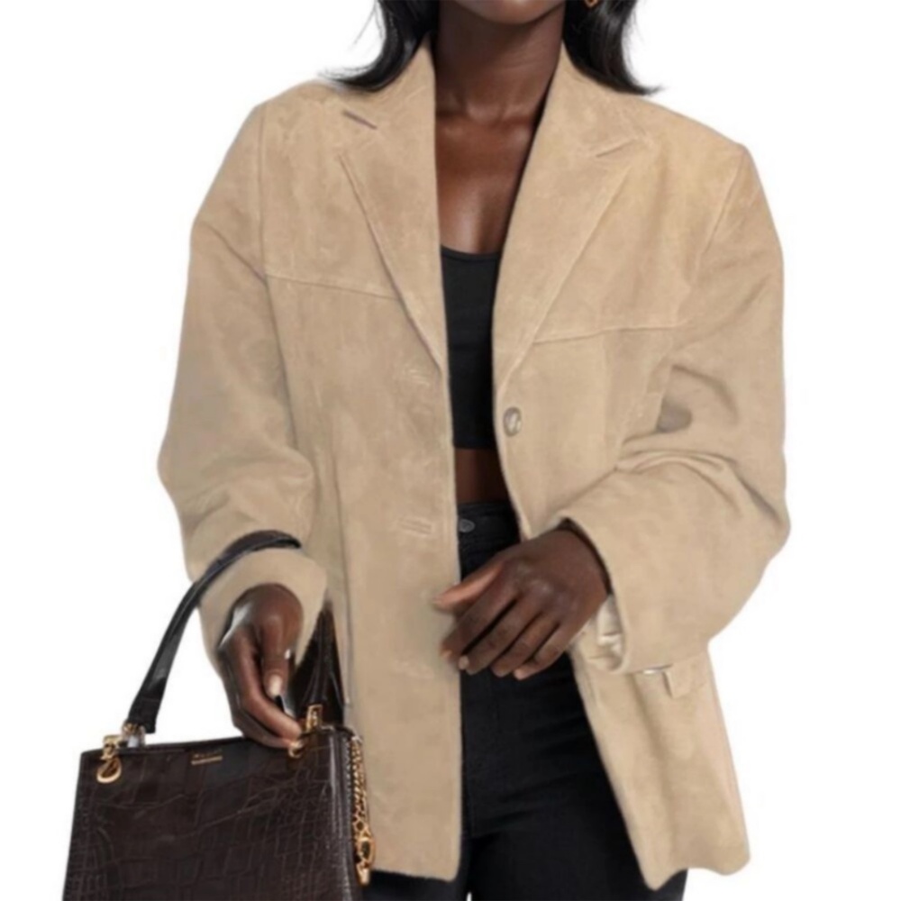Dialogue‎ Womens 100% Suede Leather Blazer Jacket Size L Tan